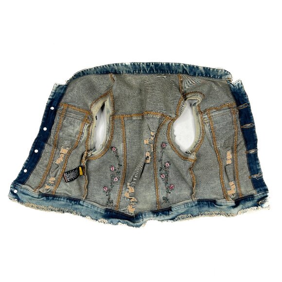 '90s Vintage Acid-Wash Rose Embroidered Destroyed Goth Denim Jeans Vest Size 6 - Picture 10 of 13